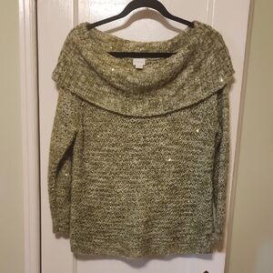 Chico's Olive Green Cowl Neck Sweater with Subtle Metallic Thread